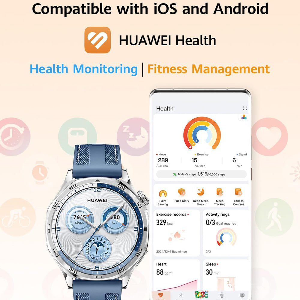 ساعة سمارت هواوي GT 5 VLI-B19 تدعم (GPS) 46 ملم ستانليس ستيل مع سوار مطاط فلوري أزرق منسوج