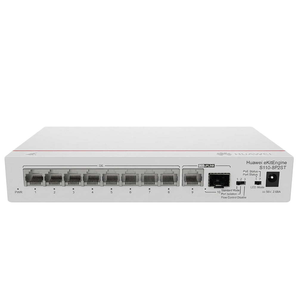 Huawei eKitEngine S110-8P2ST Unmanaged Desktop Switch 8 Ports PoE 101001000Mbps + 1 Port RJ45 101001000Mbps Uplink + 1 Port SFP 101001000Mbps 124W