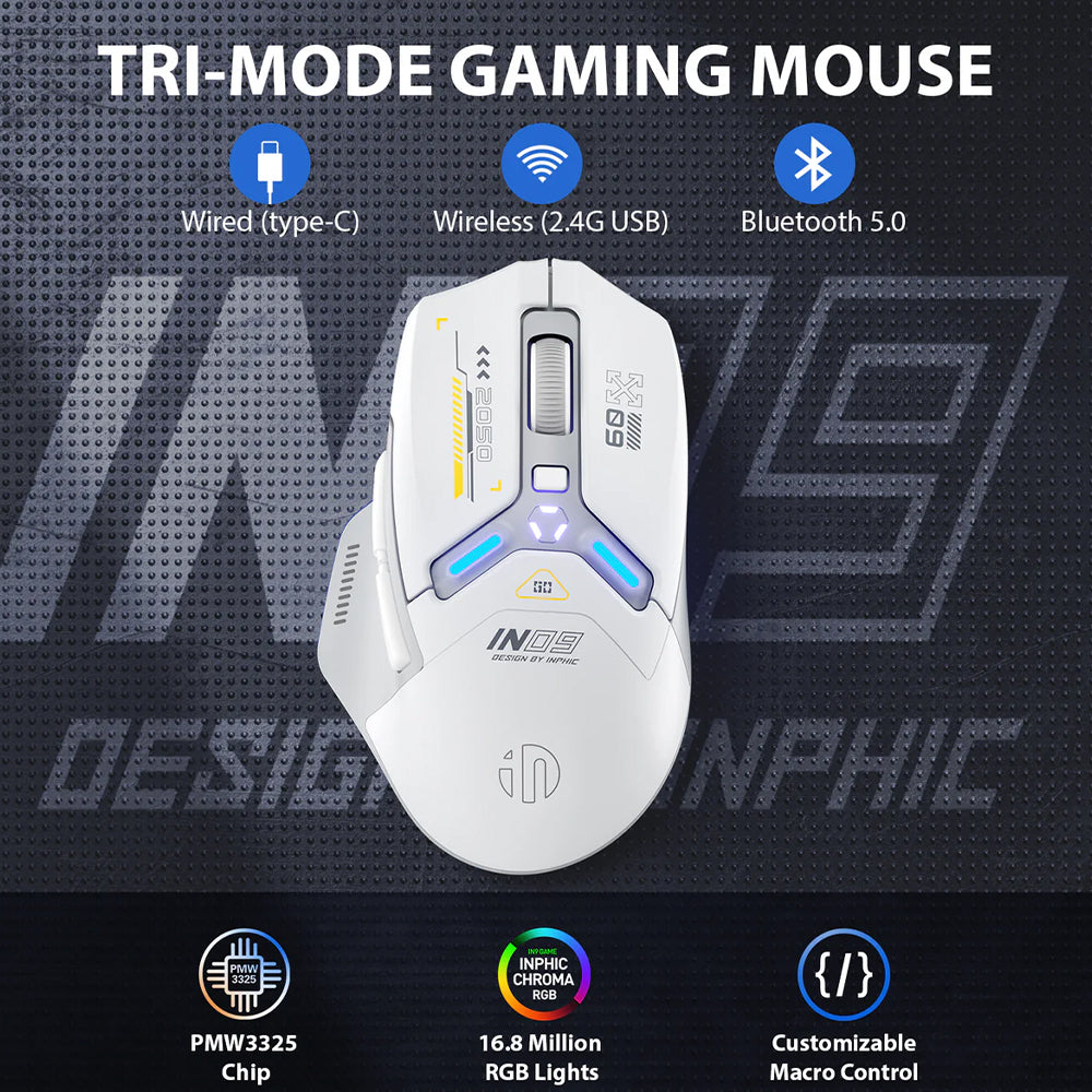 ماوس إنفيك سلكي & لاسلكي بلوتوث قابل للشحن ثلاثي الوضع 12000 نقطة في البوصة A9 Explorer V2 - ابيض