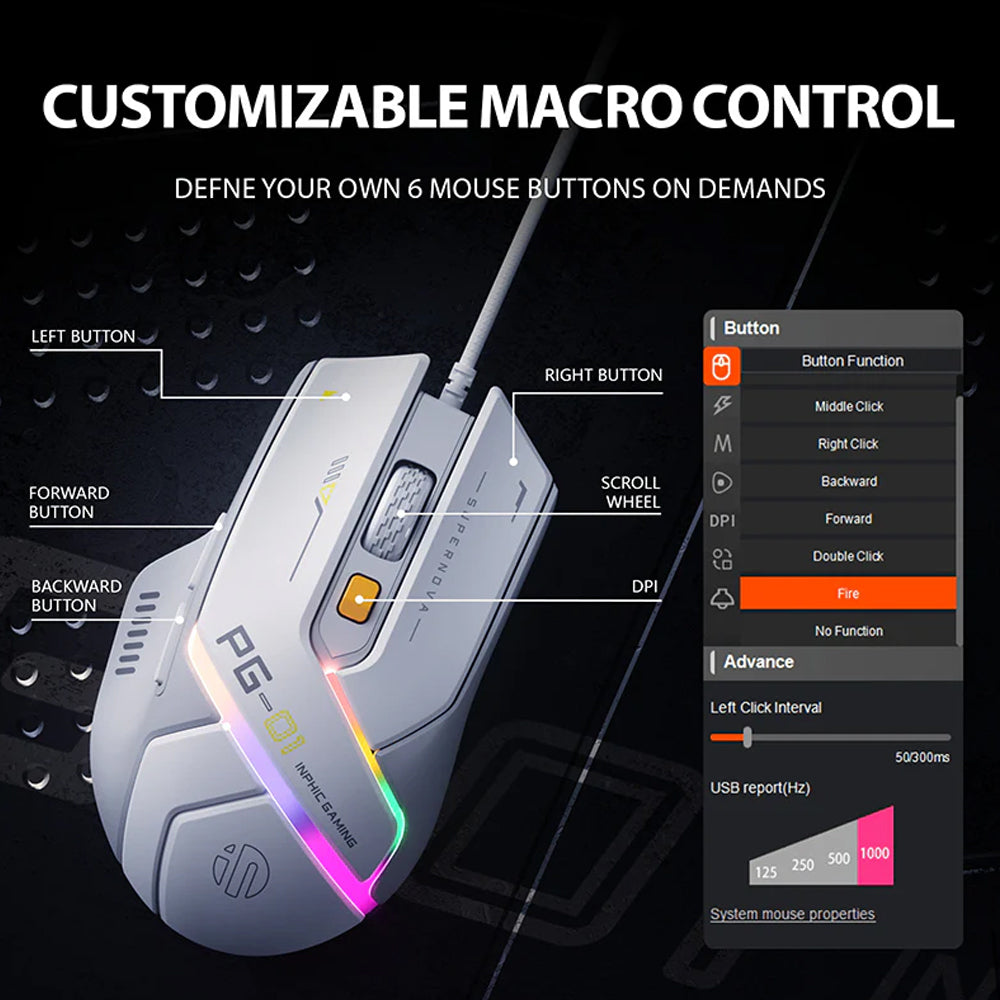 ماوس إنفيك سلكي RGB جيمنج 12800 نقطة في البوصة PG1 - أبيض