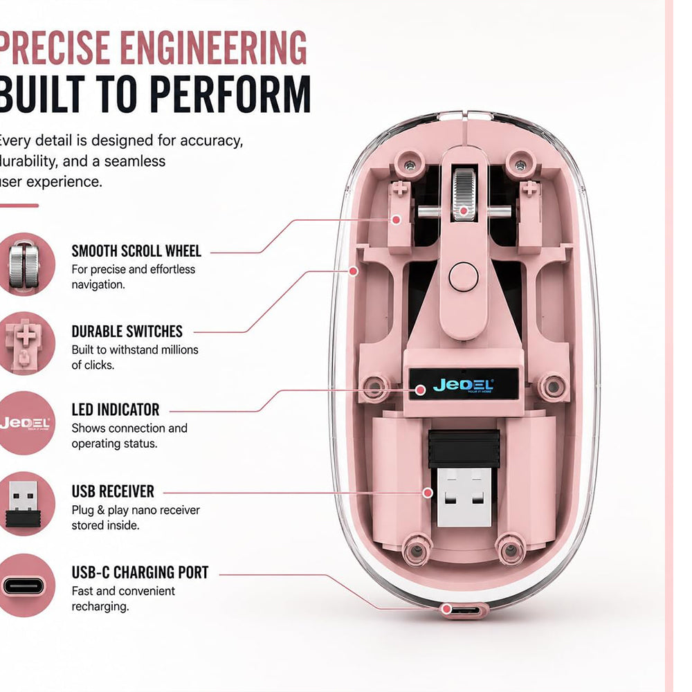 Jedel WD131P-PK Dual Mode Rechargeable Bluetooth Wireless Mouse 1600Dpi - Pink
