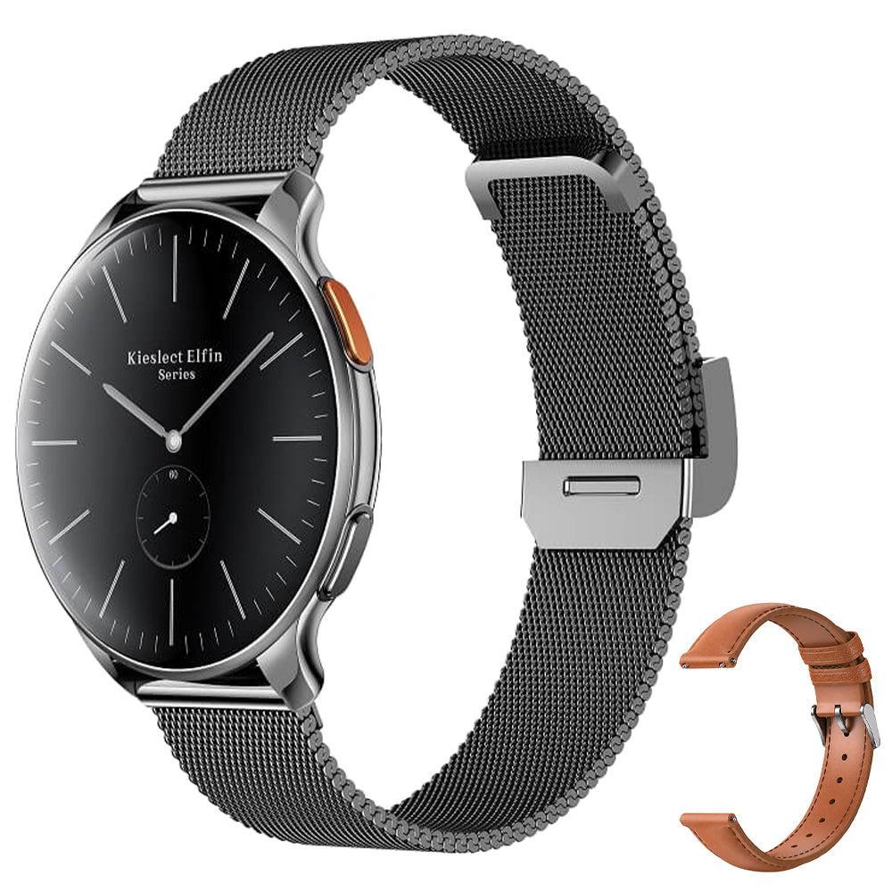 Kieslect Elfin Smart Watch Black Case With Black Metal Strap & Extra Brown Leather Strap