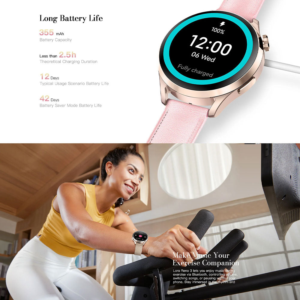 Kieslect Lora 3 Smart Watch Starlight Case With Gold Metal Starp & Extra Pink Purple Leather Strap