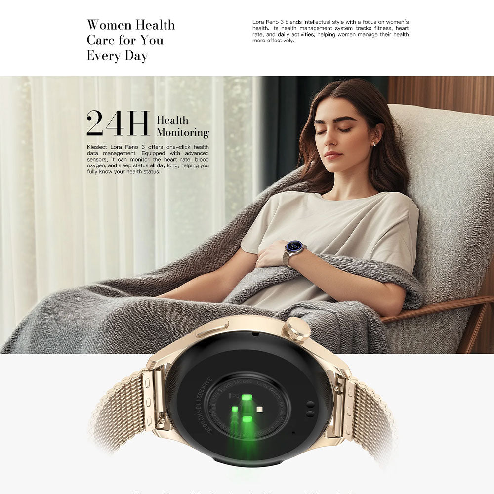 Kieslect Lora 3 Smart Watch Starlight Case With Gold Metal Starp & Extra Pink Purple Leather Strap