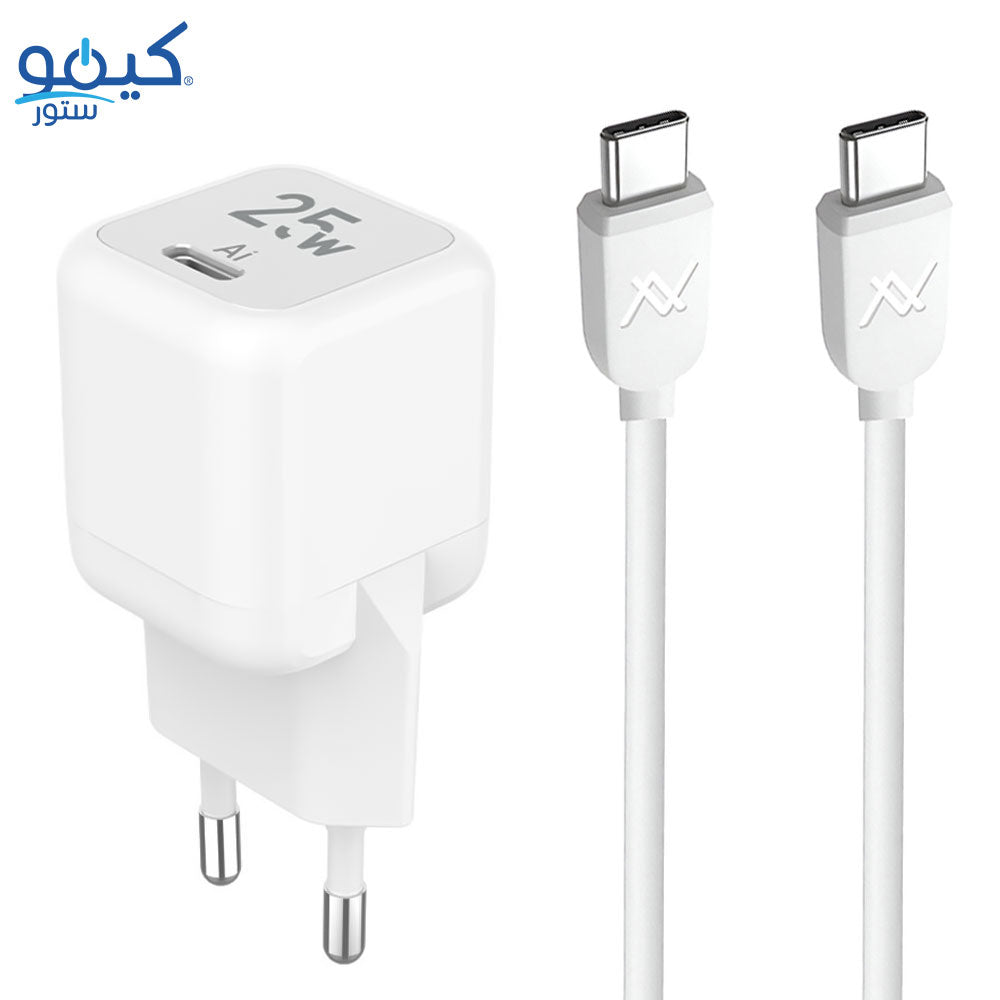 شاحن حائط لافينتو بمنفذ تايب سي مع كابل تايب سي بقوة 25 وات شحن سريع MP535 Mini GaN - أبيض