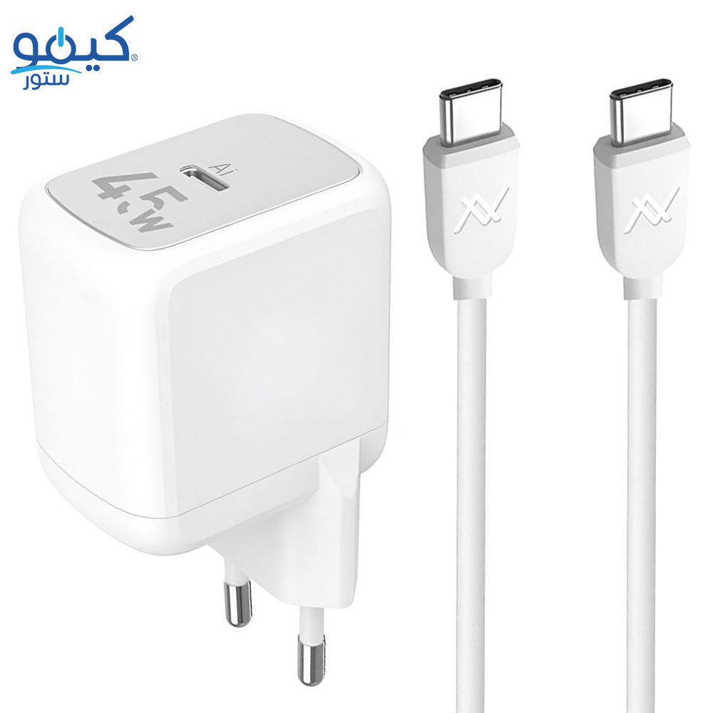 شاحن حائط لافينتو بمنفذ تايب سي مع كابل تايب سي بقوة 45 وات شحن سريع MP545 Mini GaN - أبيض
