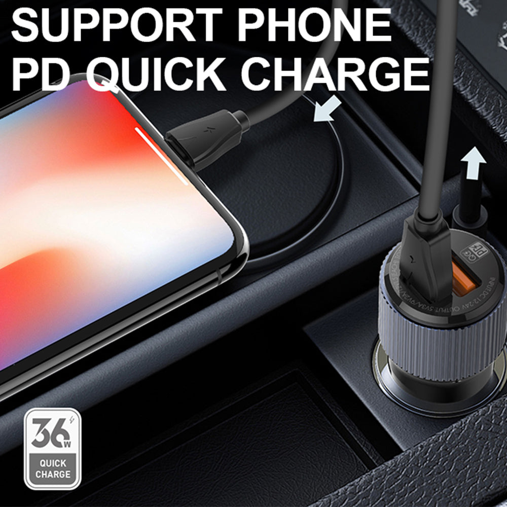 شاحن سيارة للموبايل لدنيو بمنفذ تايب سي + منفذ يو اس بي QC3.0 مع كابل لايتنينج بقوة 36 وات شحن سريع C510Q
