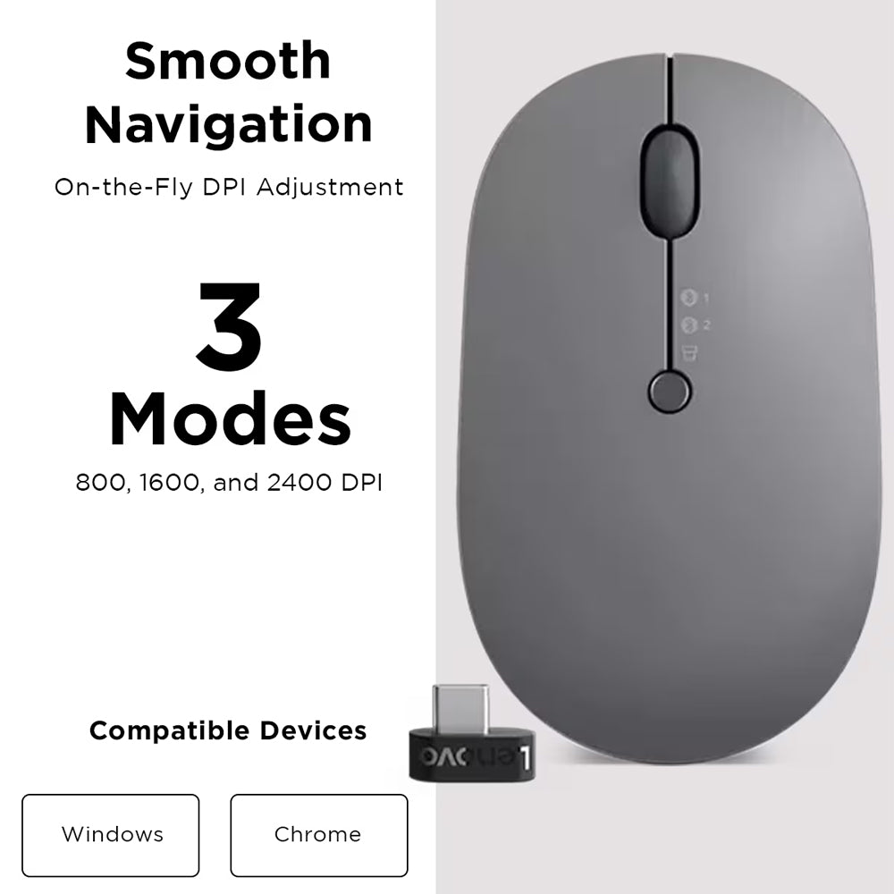 ماوس لينوفو لاسلكي بلوتوث قابل للشحن 2400 نقطة فى البوصة Go Triple Mode - رمادي داكن