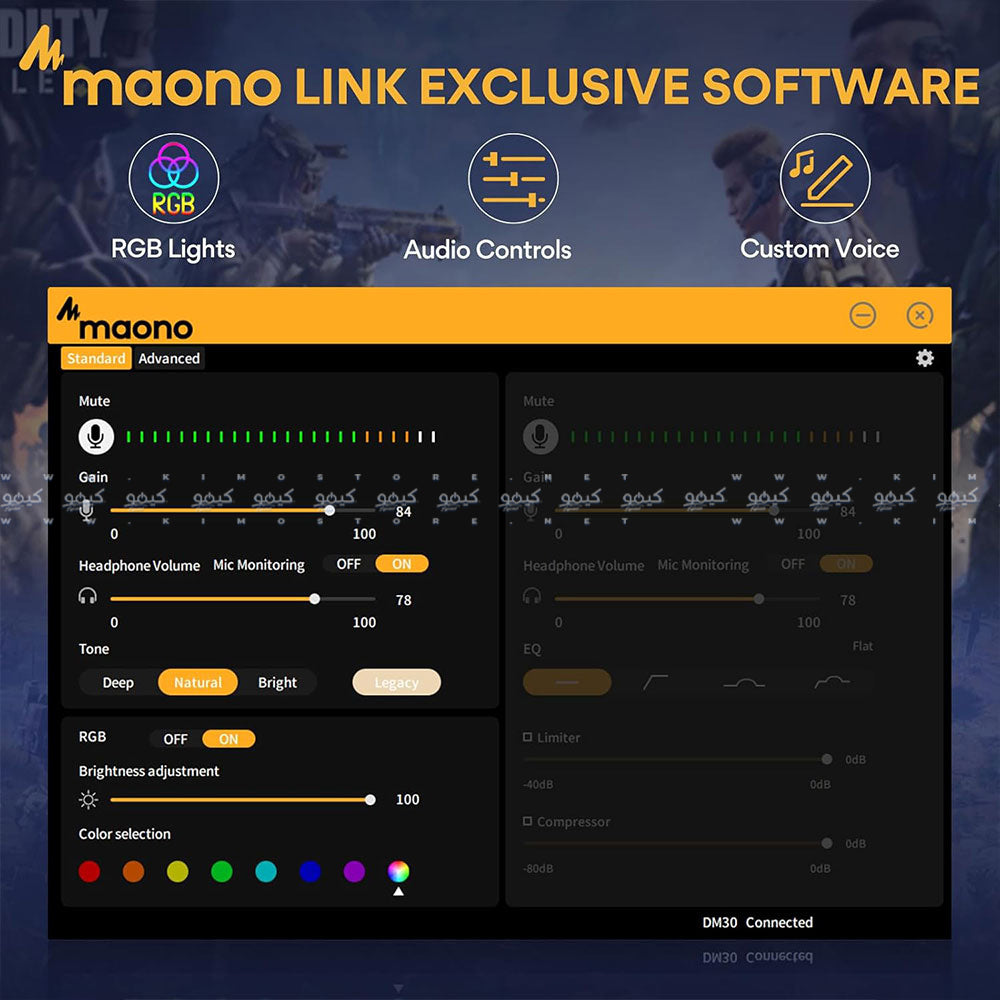 مجموعة ميكروفون ماونو سلكي RGB جيمينج USB بمكثف احترافي DM30RGB - اسود