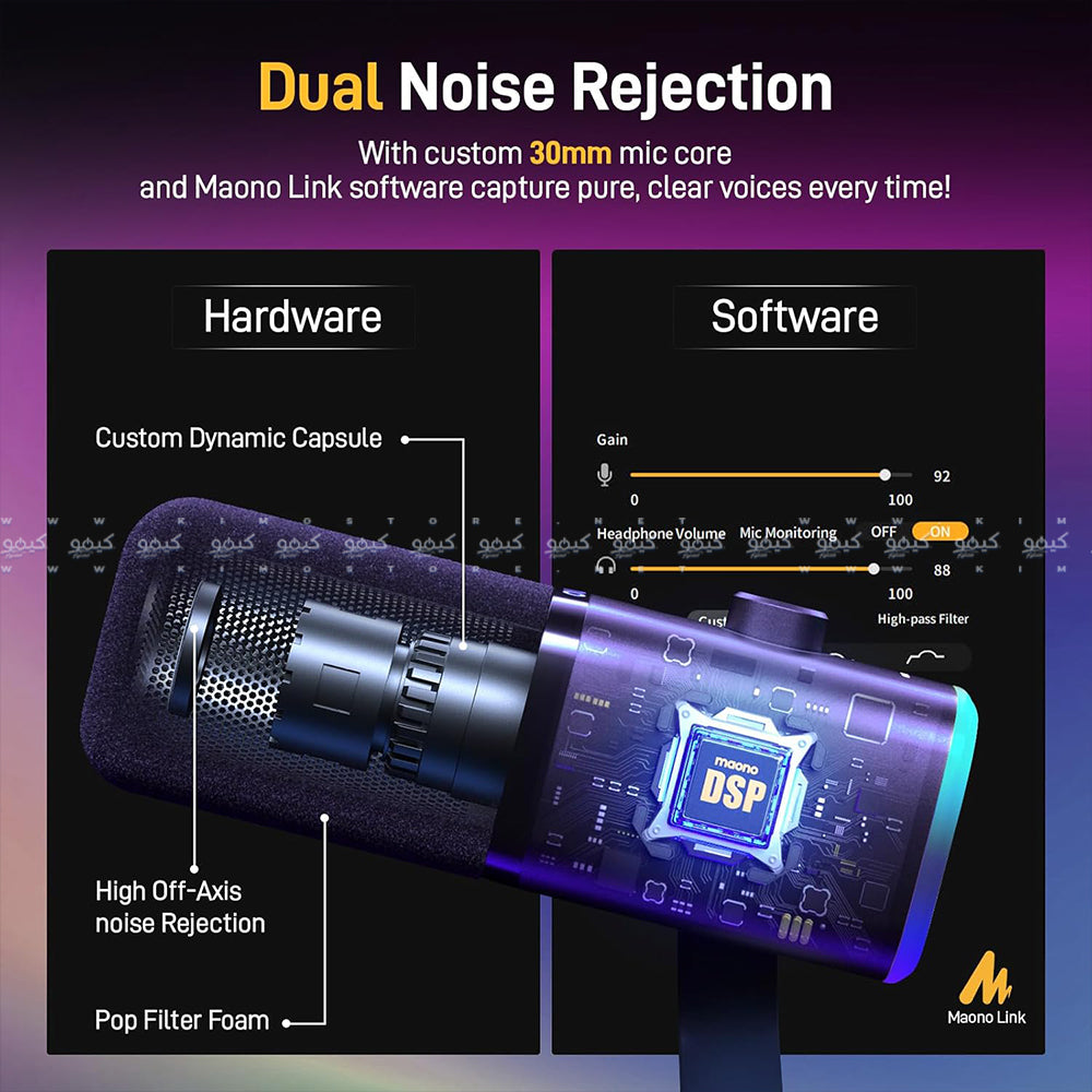 مجموعة ميكروفون ماونو سلكي RGB جيمنج بودكاست ديناميكي PD100X - اسود