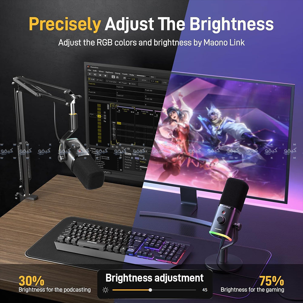 مجموعة ميكروفون ماونو سلكي RGB جيمنج بودكاست ديناميكي PD100X - اسود