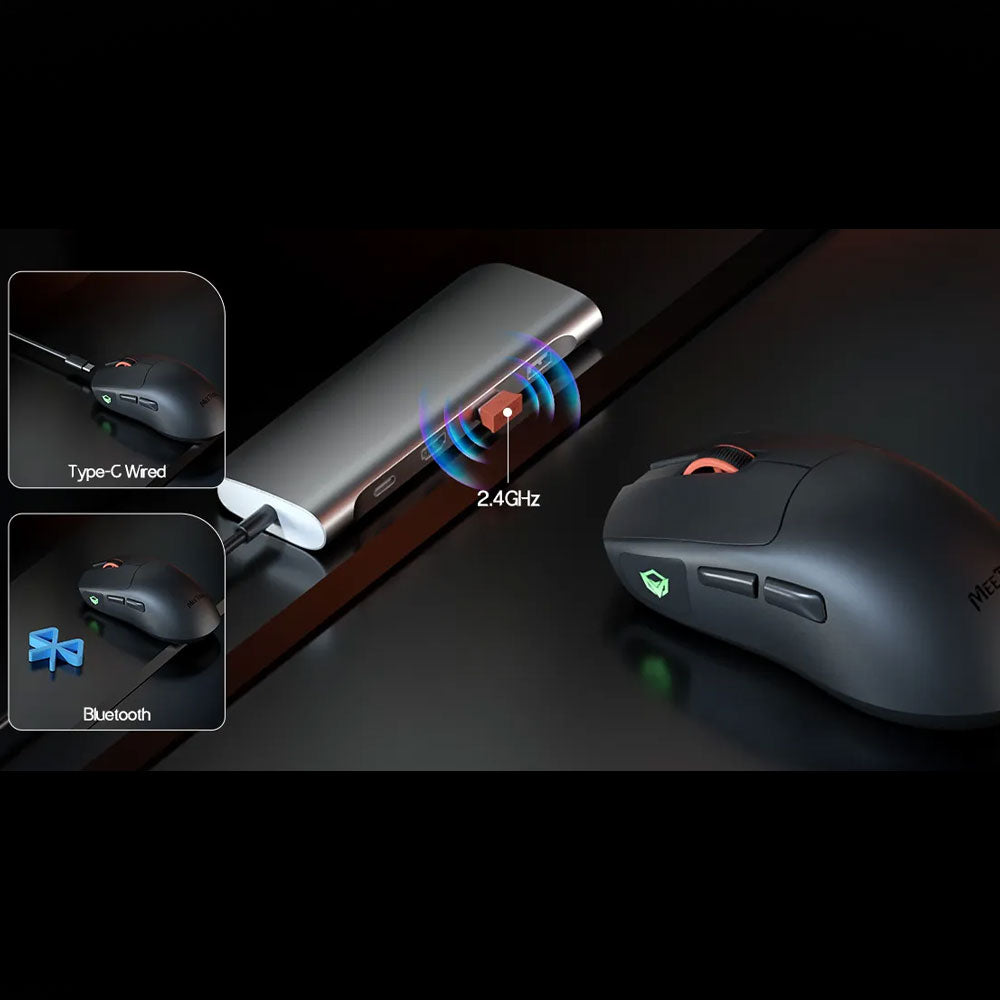 Meetion GW12 Triple Mode Rechargeable Bluetooth Wireless & Wired Mouse 12800Dpi - Black
