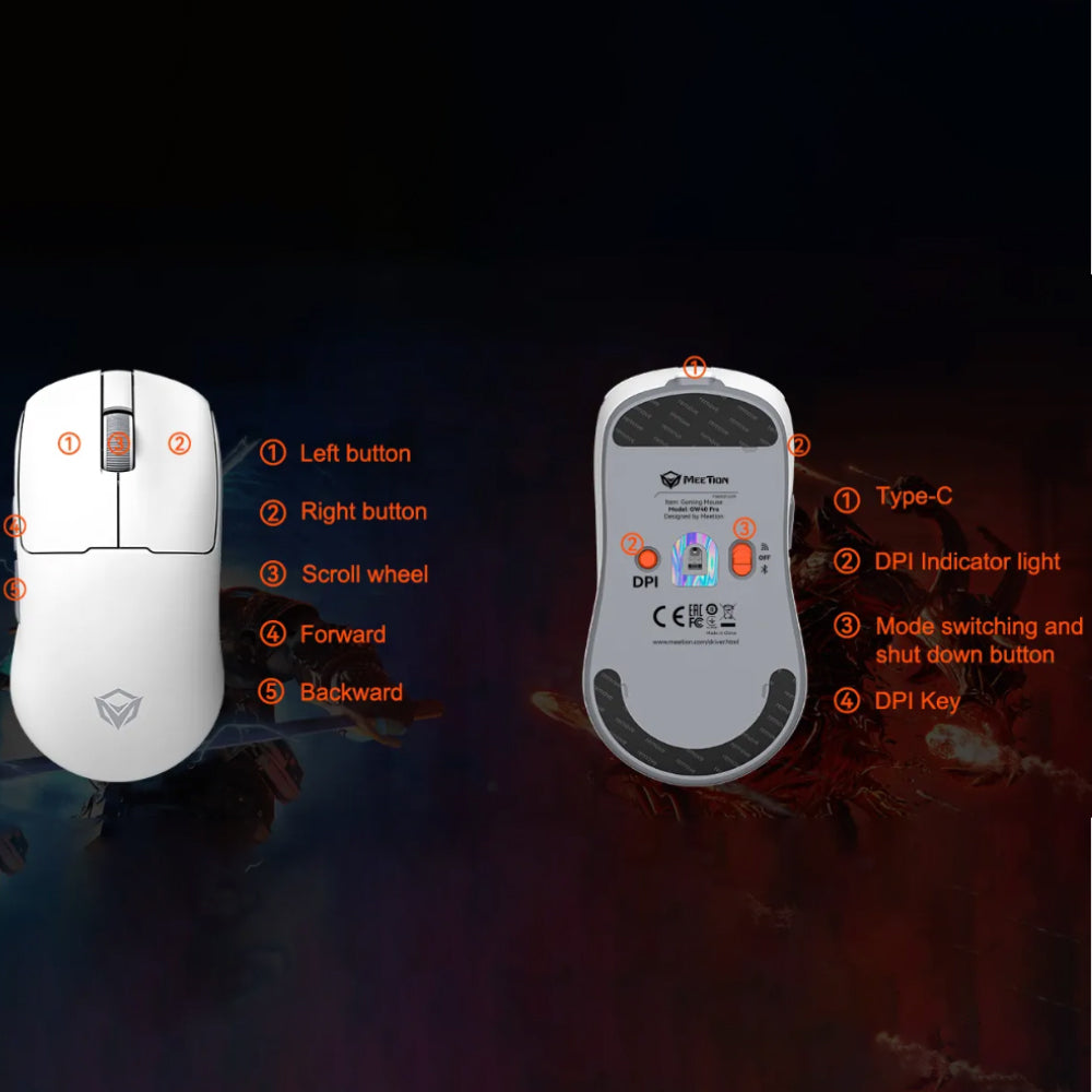 Meetion Air GW40 Pro Triple Mode Rechargeable Bluetooth Wireless & Wired Mouse 2600DPI - White
