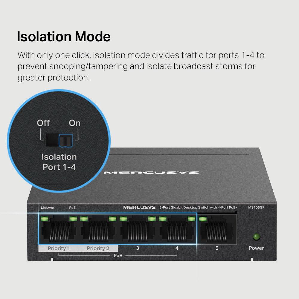 سويتش ميركوسيس 4 منافذ 10/100/1000 ميجابت في الثانية PoE+ + منفذ (RJ45) 10/100/1000 ميجابت في الثانية 65 وات MS105GP Unmanaged Desktop