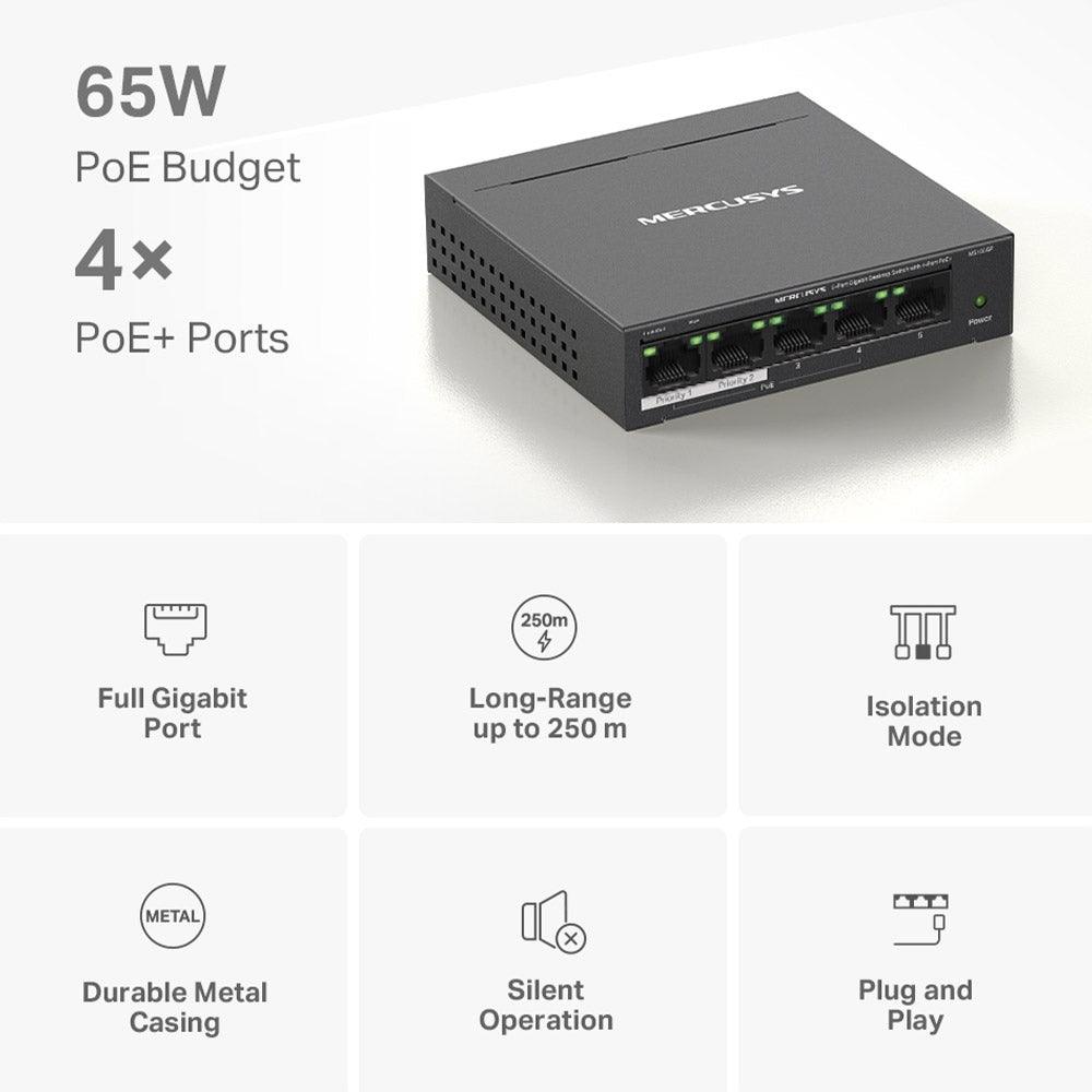 سويتش ميركوسيس 4 منافذ 10/100/1000 ميجابت في الثانية PoE+ + منفذ (RJ45) 10/100/1000 ميجابت في الثانية 65 وات MS105GP Unmanaged Desktop