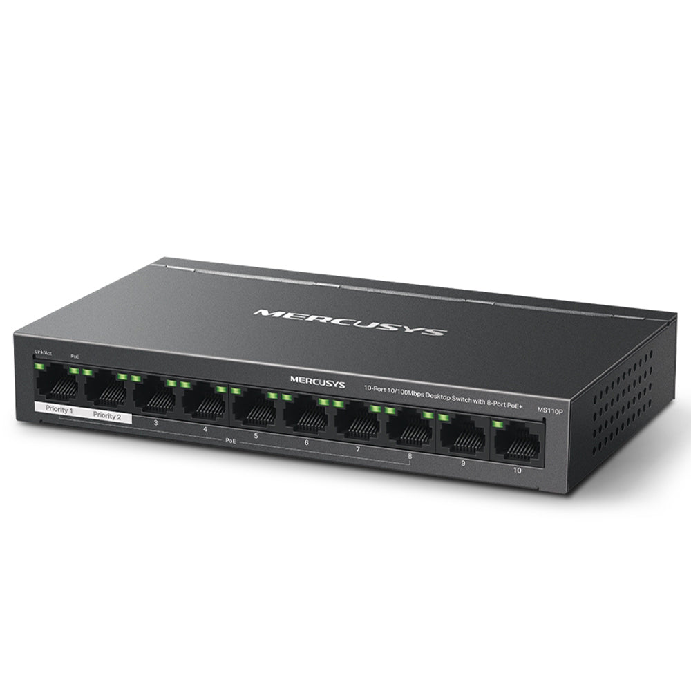 Mercusys MS110P Unmanaged Desktop Switch 8 Ports PoE 10/100Mbps + 2 Ports RJ45 10/100Mbps Uplink 65W