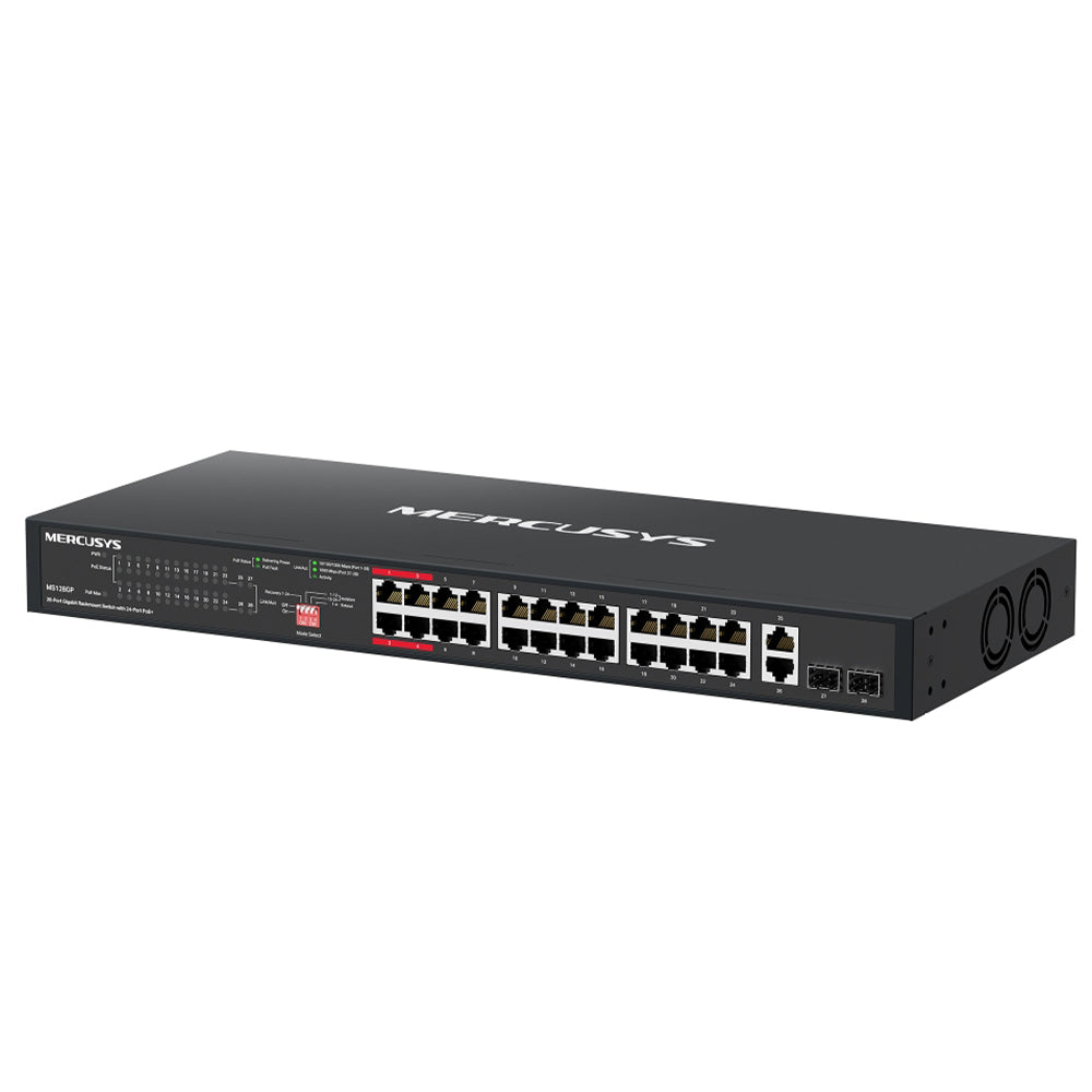 سويتش ميركوسيس 24 منفذ 10/100/1000 ميجابت في الثانية PoE+ + منفذين (RJ45) 10/100/1000 ميجابت في الثانية Uplink + منفذين (SFP) 10/100/1000 ميجابت في الثانية MS128GP Unmanaged Rackmount