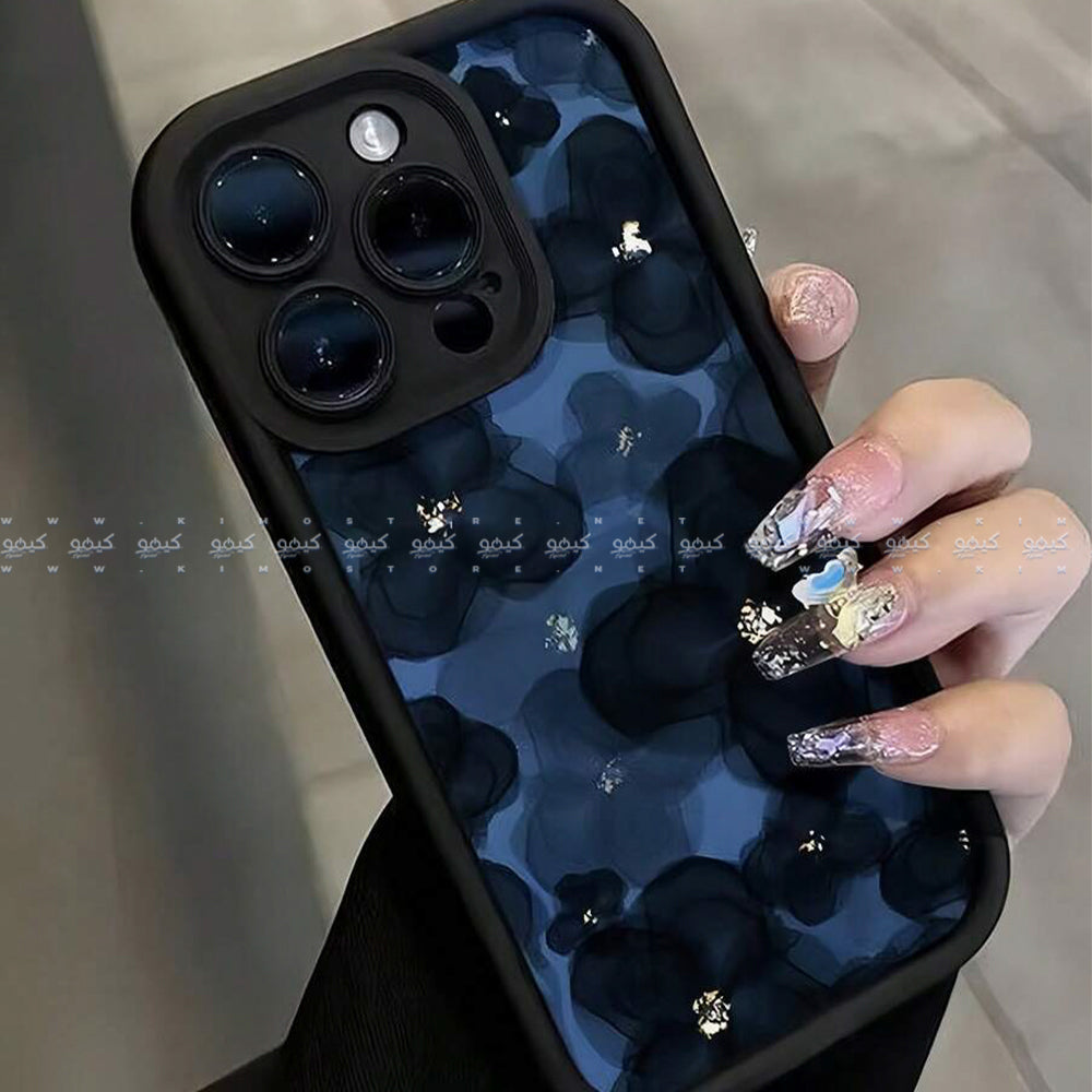 كفر موبايل غير لامع شكل زهور باللون الأزرق الداكن