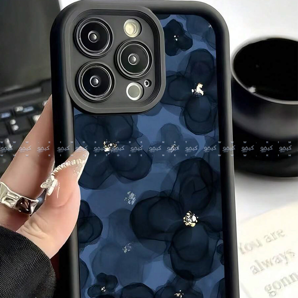 كفر موبايل غير لامع شكل زهور باللون الأزرق الداكن