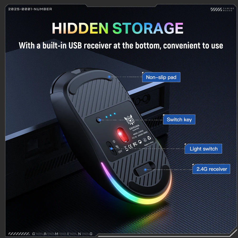Onikuma CW935 Triple-Mode Rechargeable Bluetooth Wireless & Wired RGB Gaming Mouse 12800Dpi - Black