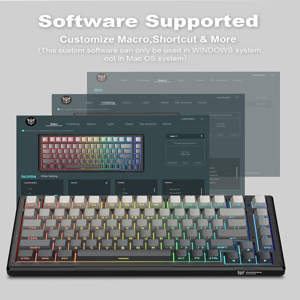 كيبورد اونيكوما سلكي و لاسلكي بلوتوث ثلاثي الوضع RGB جيمنج إنجليزي G83
