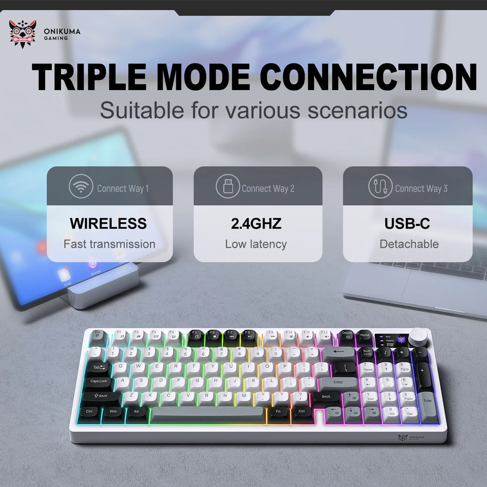 كيبورد اونيكوما سلكي و لاسلكي بلوتوث صامت ثلاثي الوضع RGB جيمنج MT902
