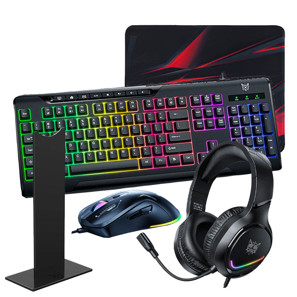 Onikuma TZ5008 5in1 Wired RGB Gaming Keyboard + Mouse + Mouse Pad + Headset + Stand Combo English - Black