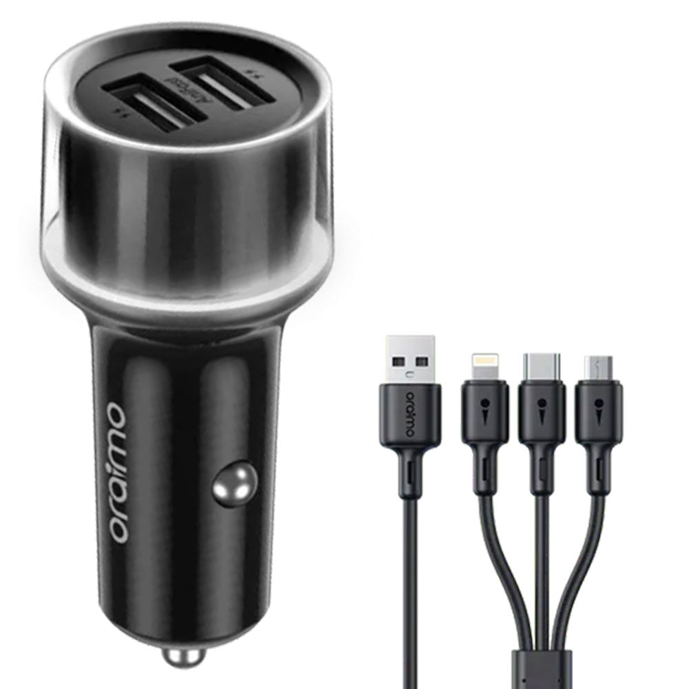 Oraimo Highway 15 OCC-1152D Car Charger 2x USB + Type-C + Micro + Lightning 3in1 Cable 15.5W - Black