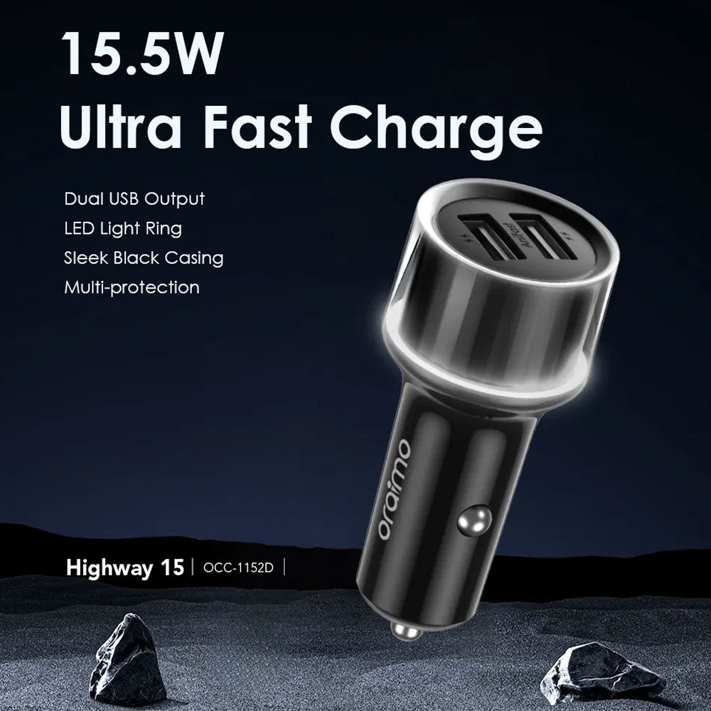 Oraimo Highway 15 OCC-1152D Car Charger 2x USB + Type-C + Micro + Lightning 3in1 Cable 15.5W - Black