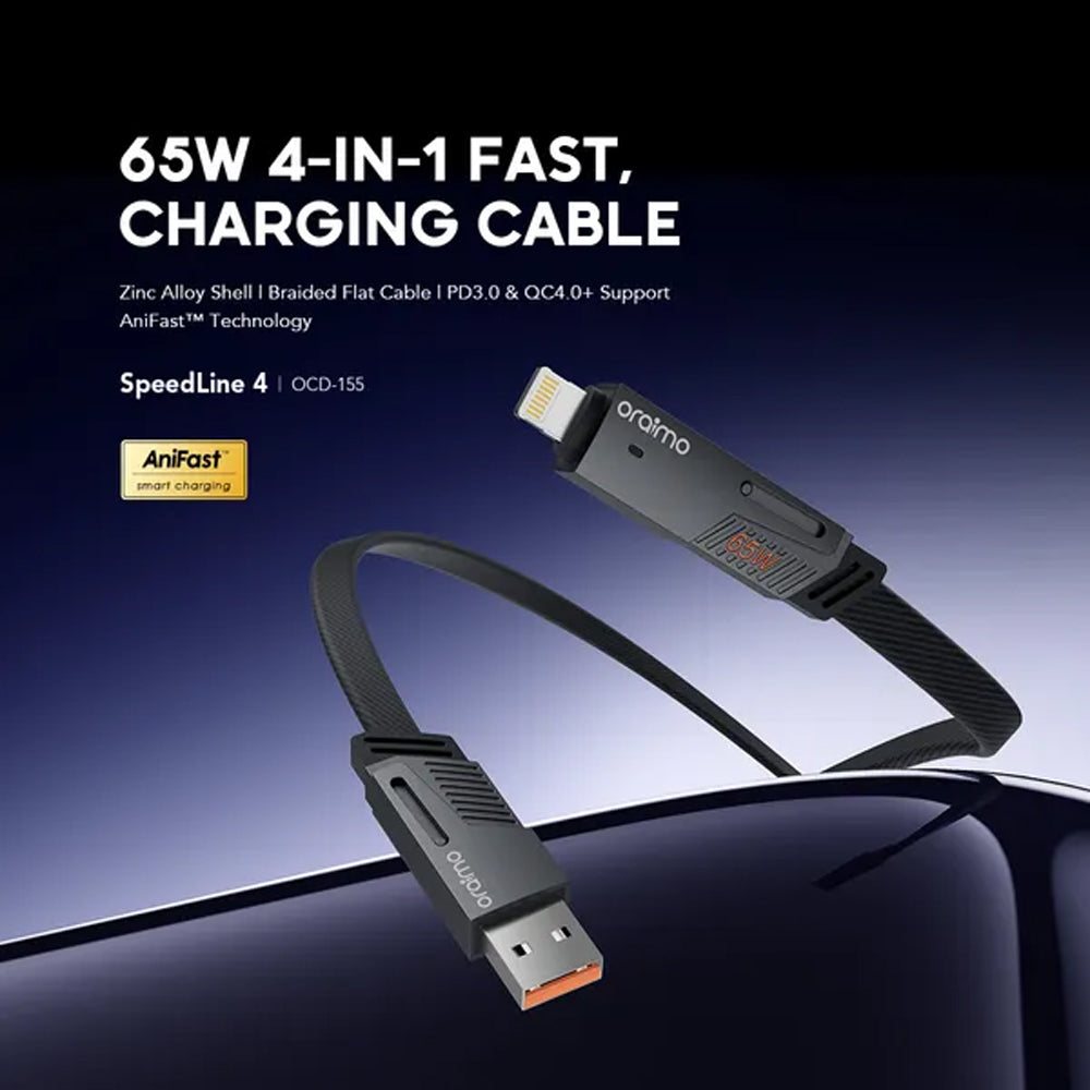 Oraimo OCD-155 USB + Type-C To Type-C + Lightning 4in1 Cable 65W Fast Charging 1m - Black
