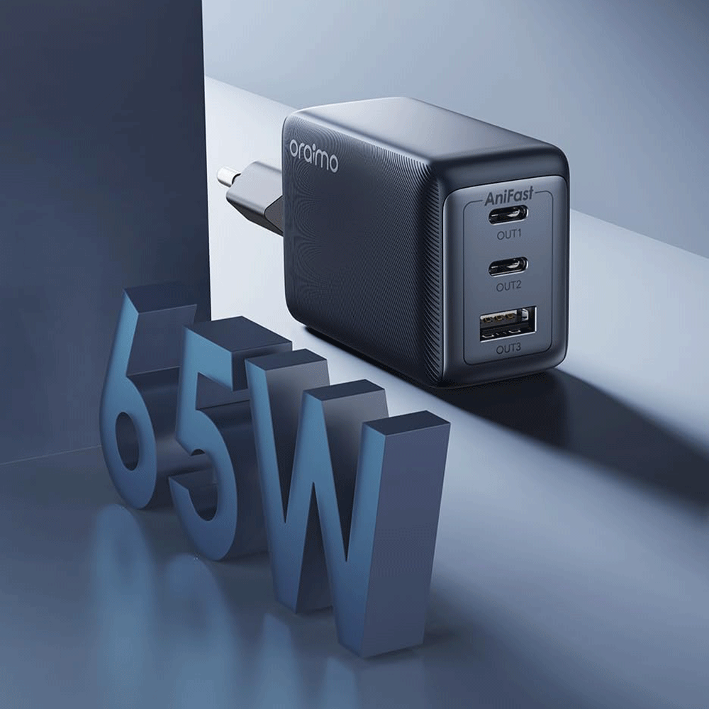 شاحن حائط اورايمو بمنفذين تايب سي + منفذ يو اس بي بقوة 65 وات شحن سريع OCW-E111T - أسود