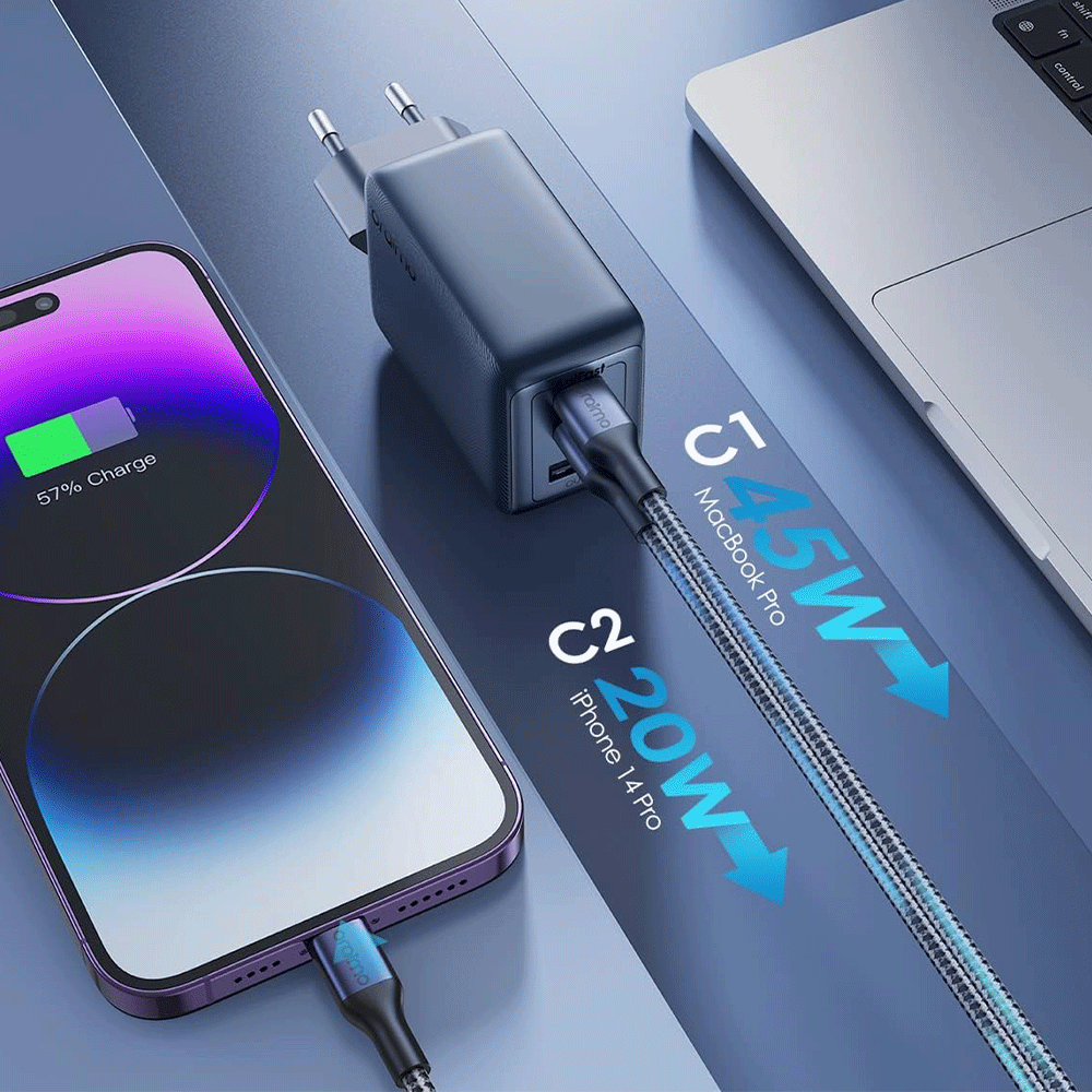 شاحن حائط اورايمو بمنفذين تايب سي + منفذ يو اس بي بقوة 65 وات شحن سريع