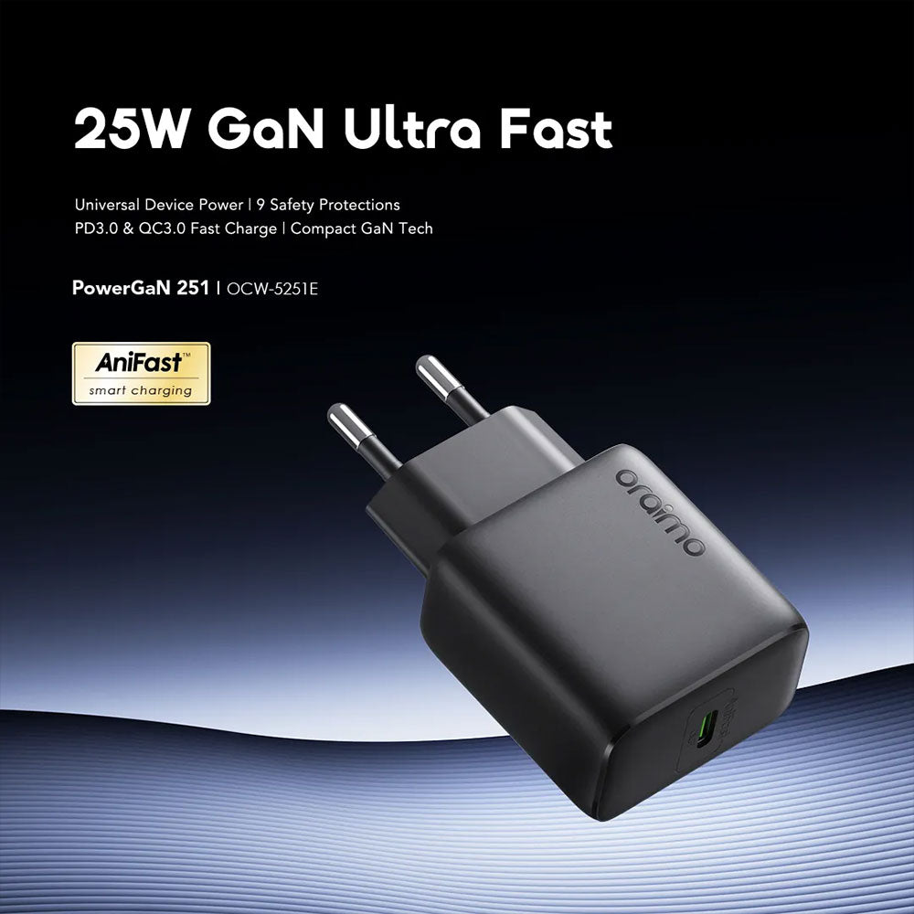 Oraimo PowerGaN 251 OCW-5251ECC Wall Charger PD Type-C 25W Fast Charging - Black
