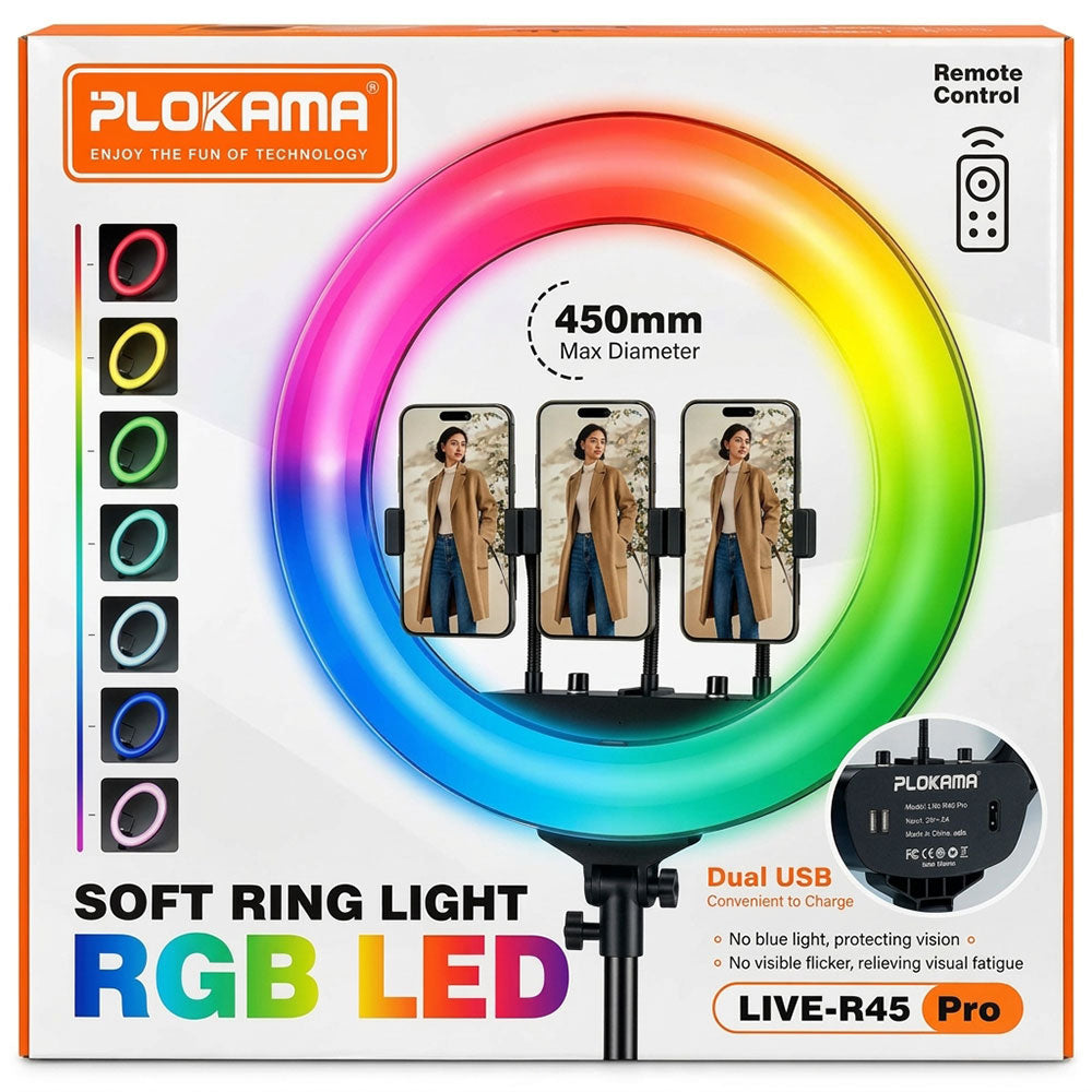 Plokama Pro RGB LED Selfie Ring Light With Triple Phone Holder