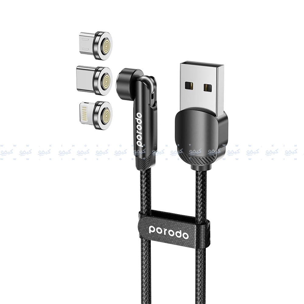 Porodo PD-31MGC-BK USB To Type-C + Lightning + Micro Rotating Connector Magnetic 3in1 Cable 1m