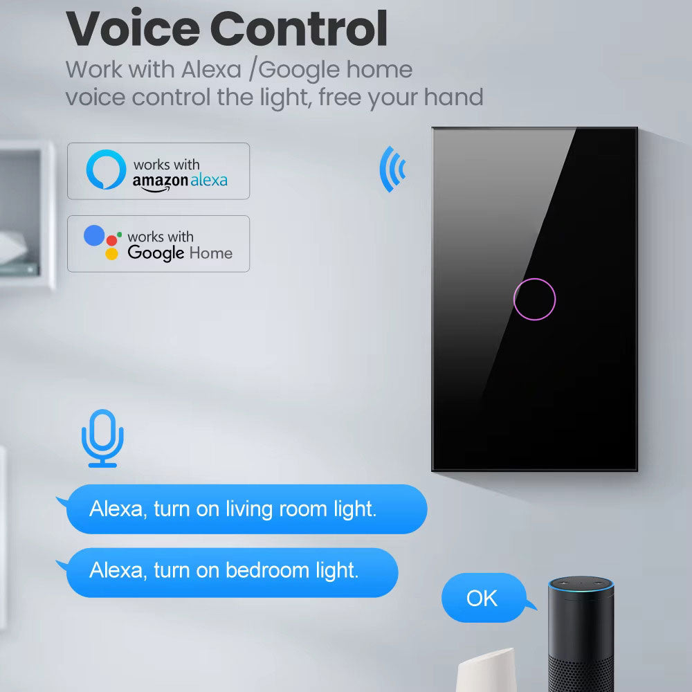مفتاح حائط سمارت باللمس من الزجاج مفتاح واحد بتقنية QQZBLN-101-B ZigBee - اسود
