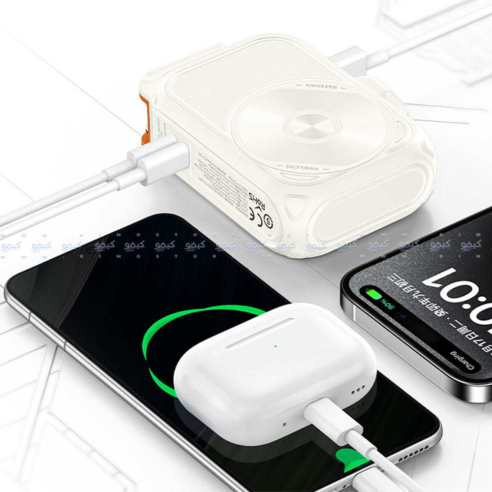 Recci Voyage RPB-A06 5in1 Magnetic Wireless Power Bank With Holder USB + Type-C + Lightning 22.5W Fast Charging 10000mAh Built-In Charger + Type-C Cable - White