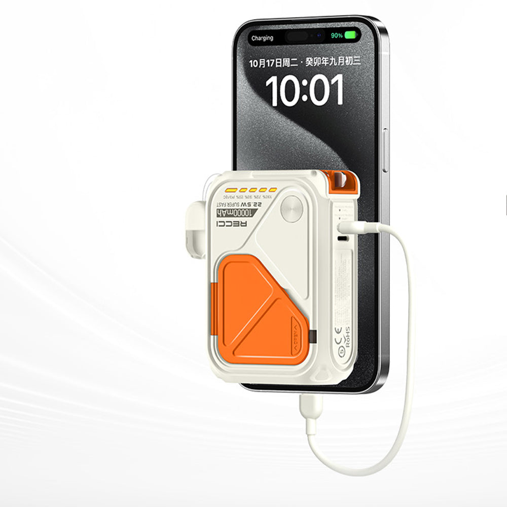 Recci Voyage RPB-A06 5in1 Magnetic Wireless Power Bank With Holder USB + Type-C + Lightning 22.5W Fast Charging 10000mAh Built-In Charger + Type-C Cable - White