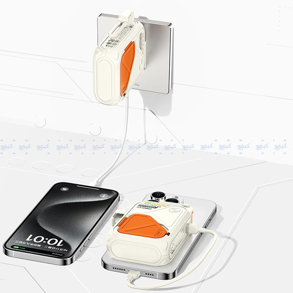 Recci Voyage RPB-A06 5in1 Magnetic Wireless Power Bank With Holder USB + Type-C + Lightning 22.5W Fast Charging 10000mAh Built-In Charger + Type-C Cable - White