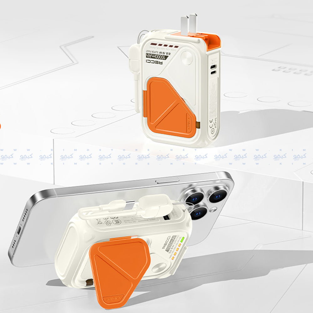 Recci Voyage RPB-A06 5in1 Magnetic Wireless Power Bank With Holder USB + Type-C + Lightning 22.5W Fast Charging 10000mAh Built-In Charger + Type-C Cable - White