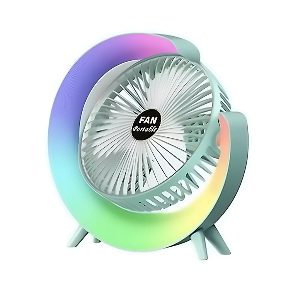 مروحة صغيره محمولة لسطح المكتب قابلة لإعادة الشحن بإضاءه علي شكل هلال