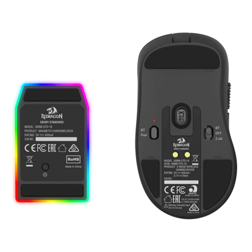 Redragon Ebony M998-STD-1K Triple Mode Bluetooth Wireless & Wired Mouse 24000Dpi With RGB Magnetic Charging Dock