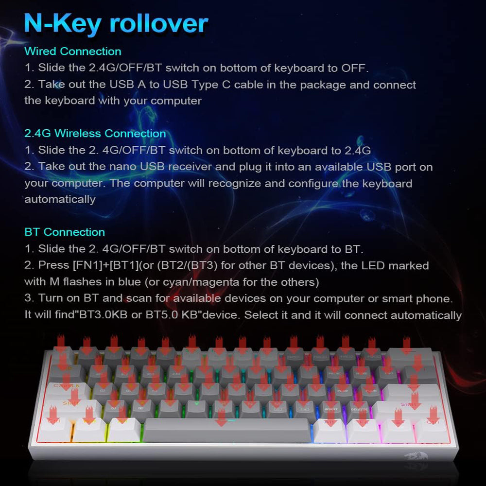 كيبورد ريدراجون سلكي و لاسلكي بلوتوث ثلاثي الوضع قابل للشحن RGB جيمنج إنجليزي وعربي Fizz Pro K616