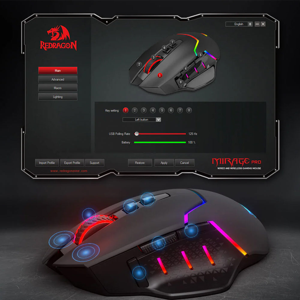 Redragon MIRAGE M690 PRO Dual Mode Rechargeable Wireless & Wired Gaming Mouse 8000Dpi - Black