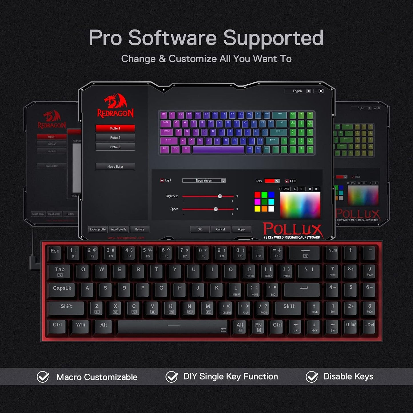 Redragon POLLUX K628 Red Switch Wired RGB Gaming Keyboard English & Arabic