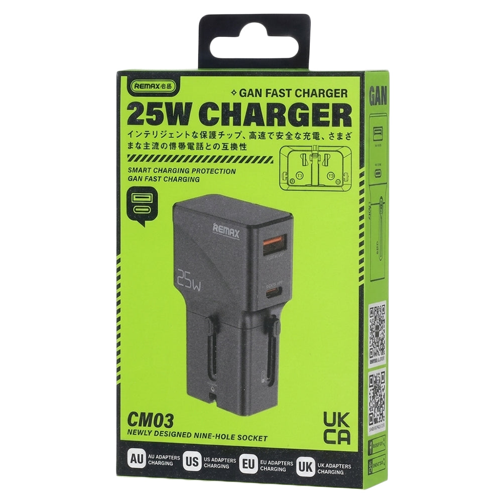 Remax CM03 GaN Travel Wall Charger Type-C + USB 0.8A 25W Fast Charging (UK+EU+US/AU Plug) - Black