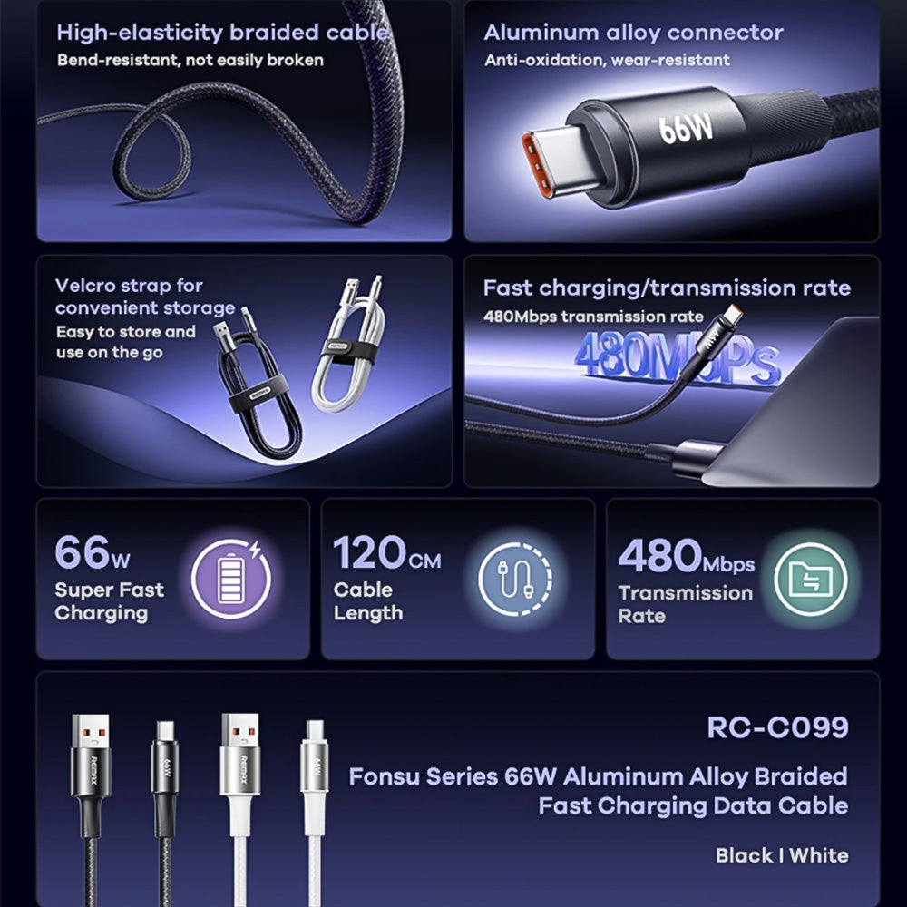 Remax RC-C099(A-C) USB To Type-C Cable 6A 66W Fast Charging 1.2m - White