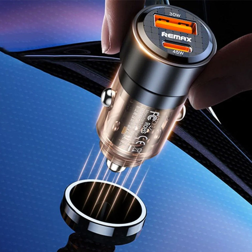 شاحن سيارة للموبايل ريماكس بمنفذ تايب سي + منفذ يو اس بي بقوة 75 وات شحن سريع