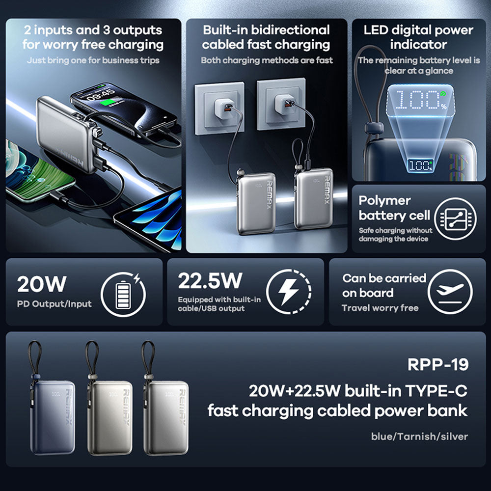 باور بانك ريماكس بمنفذ يو اس بي + منفذ تايب سي 22.5 وات 10000 مللي أمبير + كابل تايب سي مدمج RPP-19