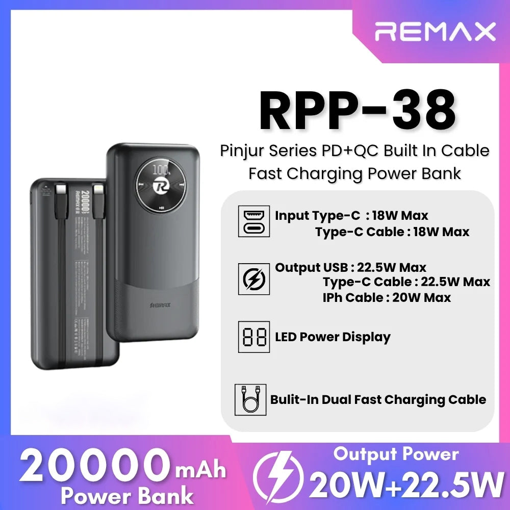 Remax RPP-38 Power Bank 1x USB + 1x Type-C 20W+22.5W Fast Charging 20000mAh Built-In 2 Cables - Black